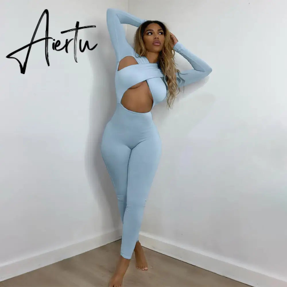 Aiertu Solid Hollow Out Revealing Long Sleeves Slim Bodycon Jumpsuit Summer Women Fashion Sexy Sport Party Club Robe Y2K Aiertu