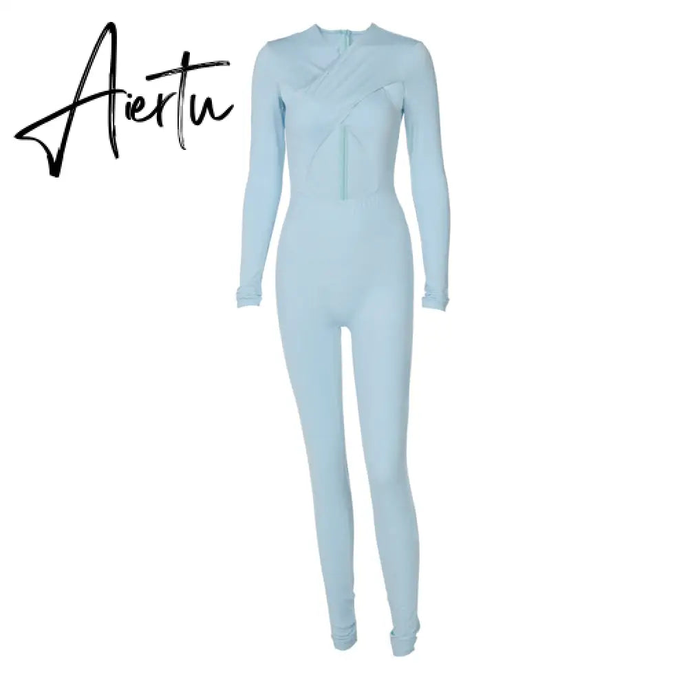 Aiertu Solid Hollow Out Revealing Long Sleeves Slim Bodycon Jumpsuit Summer Women Fashion Sexy Sport Party Club Robe Y2K Aiertu