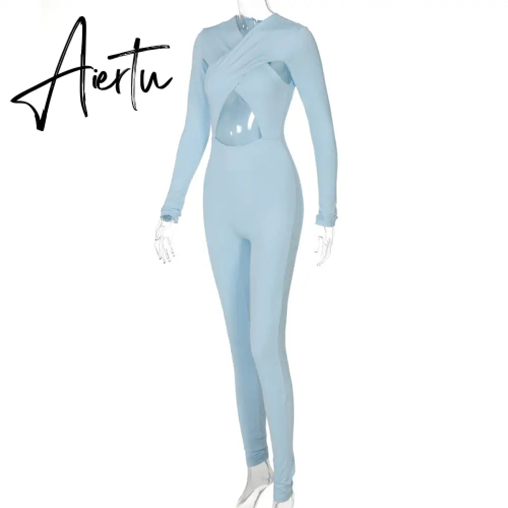 Aiertu Solid Hollow Out Revealing Long Sleeves Slim Bodycon Jumpsuit Summer Women Fashion Sexy Sport Party Club Robe Y2K Aiertu