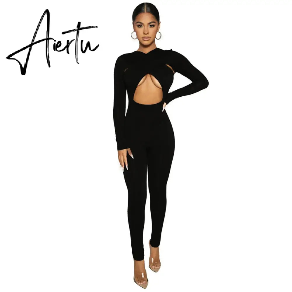 Aiertu Solid Hollow Out Revealing Long Sleeves Slim Bodycon Jumpsuit Summer Women Fashion Sexy Sport Party Club Robe Y2K Aiertu