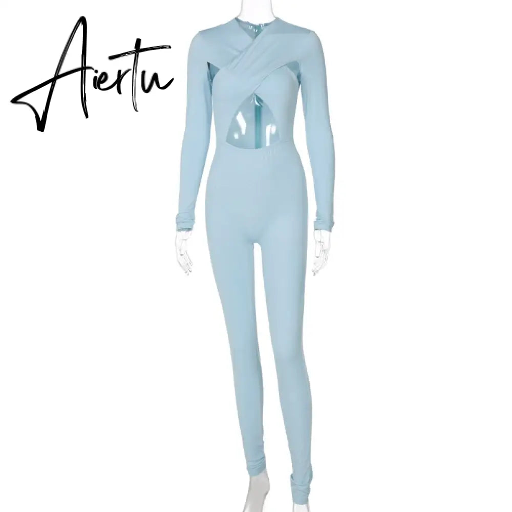 Aiertu Solid Hollow Out Revealing Long Sleeves Slim Bodycon Jumpsuit Summer Women Fashion Sexy Sport Party Club Robe Y2K Aiertu
