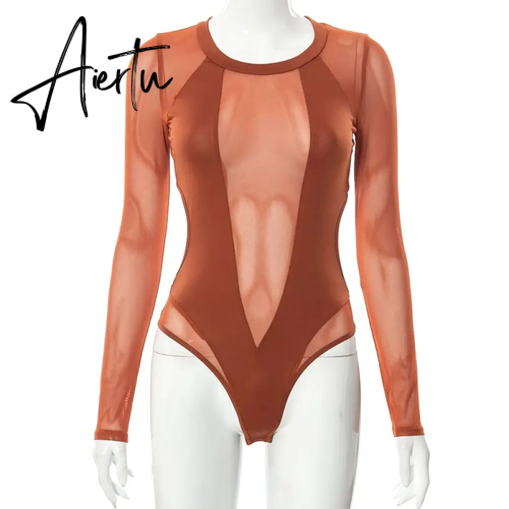 Aiertu Solid Long Sleeves O Neck See Through Sexy Bodysuit New Year Women Fashion Bodycon Streetwear Party Club Y2K Aiertu