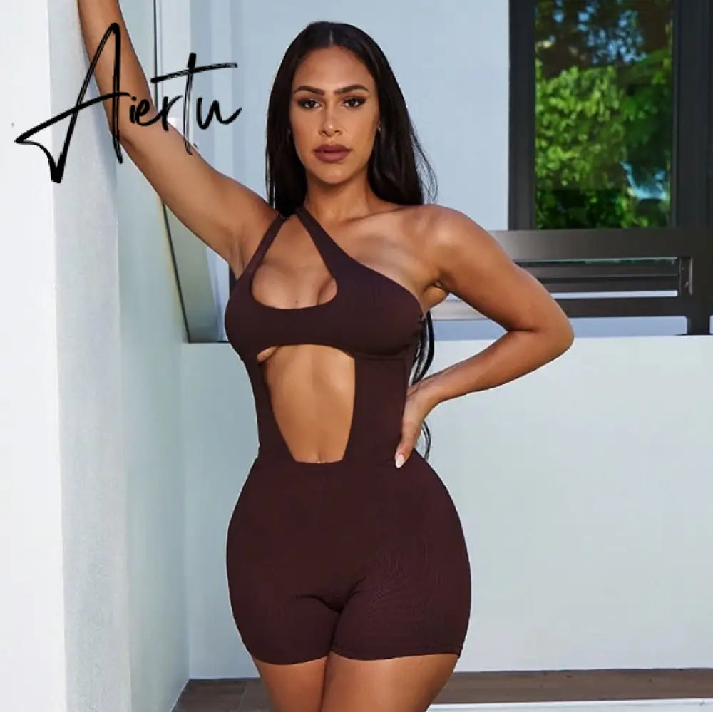 Aiertu  Solid Ribbed Women 2 Pieces Sleeveless One Shoulder Hollow Out Bodysuit Biker Shorts Set Skinny Tracksuit Summer Aiertu