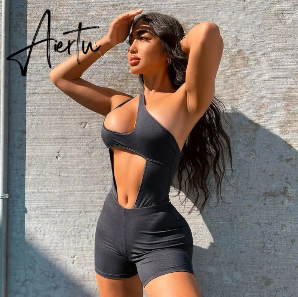 Aiertu  Solid Ribbed Women 2 Pieces Sleeveless One Shoulder Hollow Out Bodysuit Biker Shorts Set Skinny Tracksuit Summer Aiertu