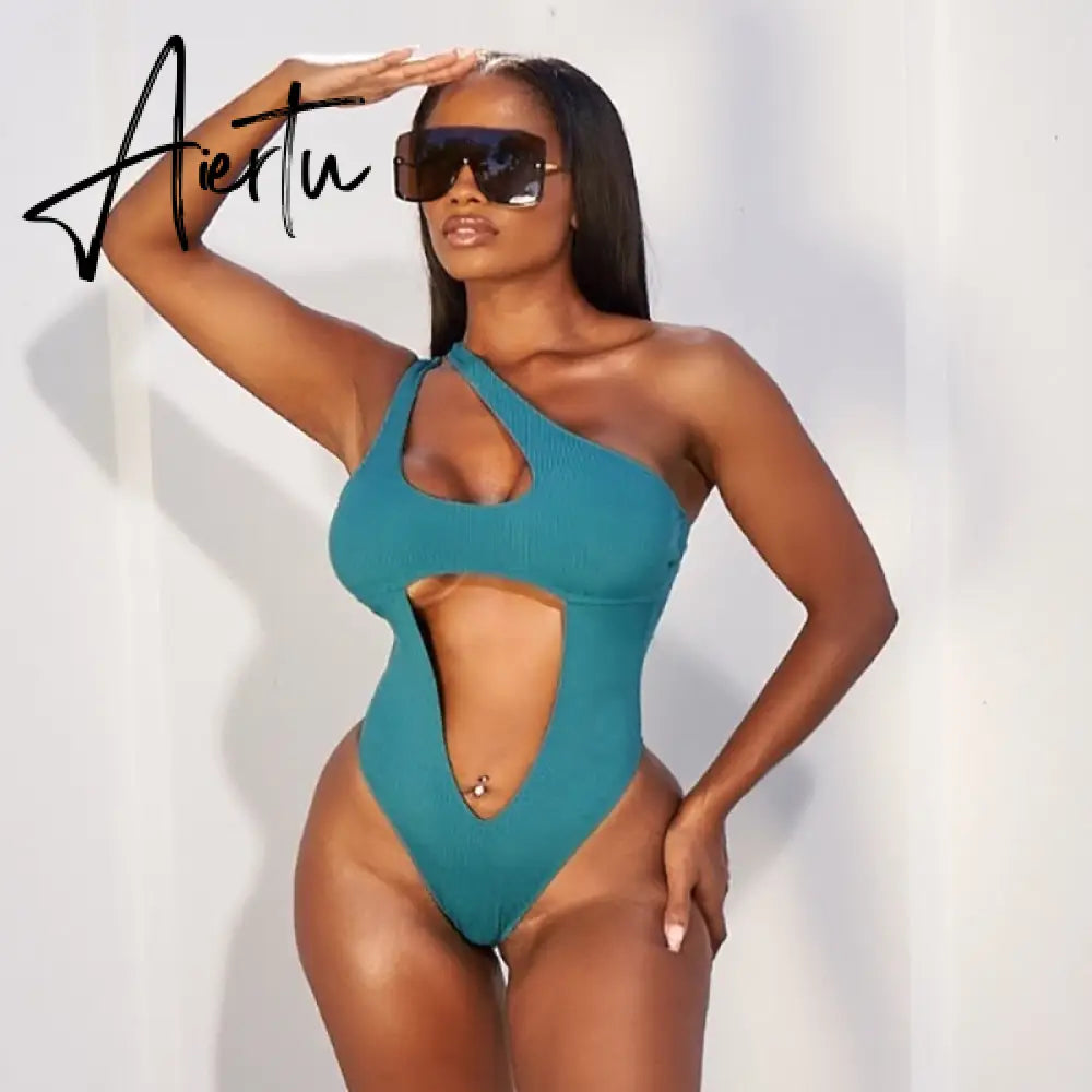 Aiertu  Solid Ribbed Women 2 Pieces Sleeveless One Shoulder Hollow Out Bodysuit Biker Shorts Set Skinny Tracksuit Summer Aiertu