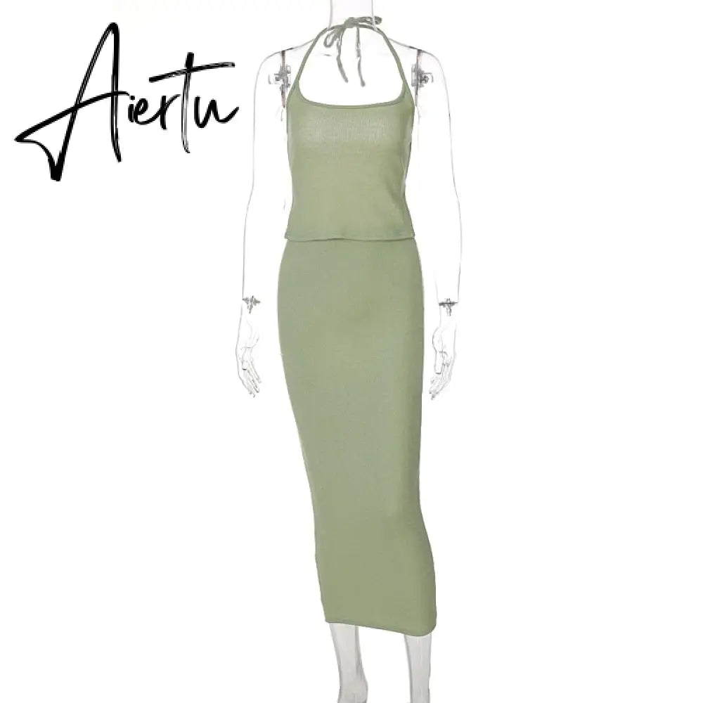 Aiertu  Solid Sleeveless Backless Top Maxi Dress 2 Pieces Set Fall Winter Women Fashion Streetwear Outfits Y2K Sexy Aiertu