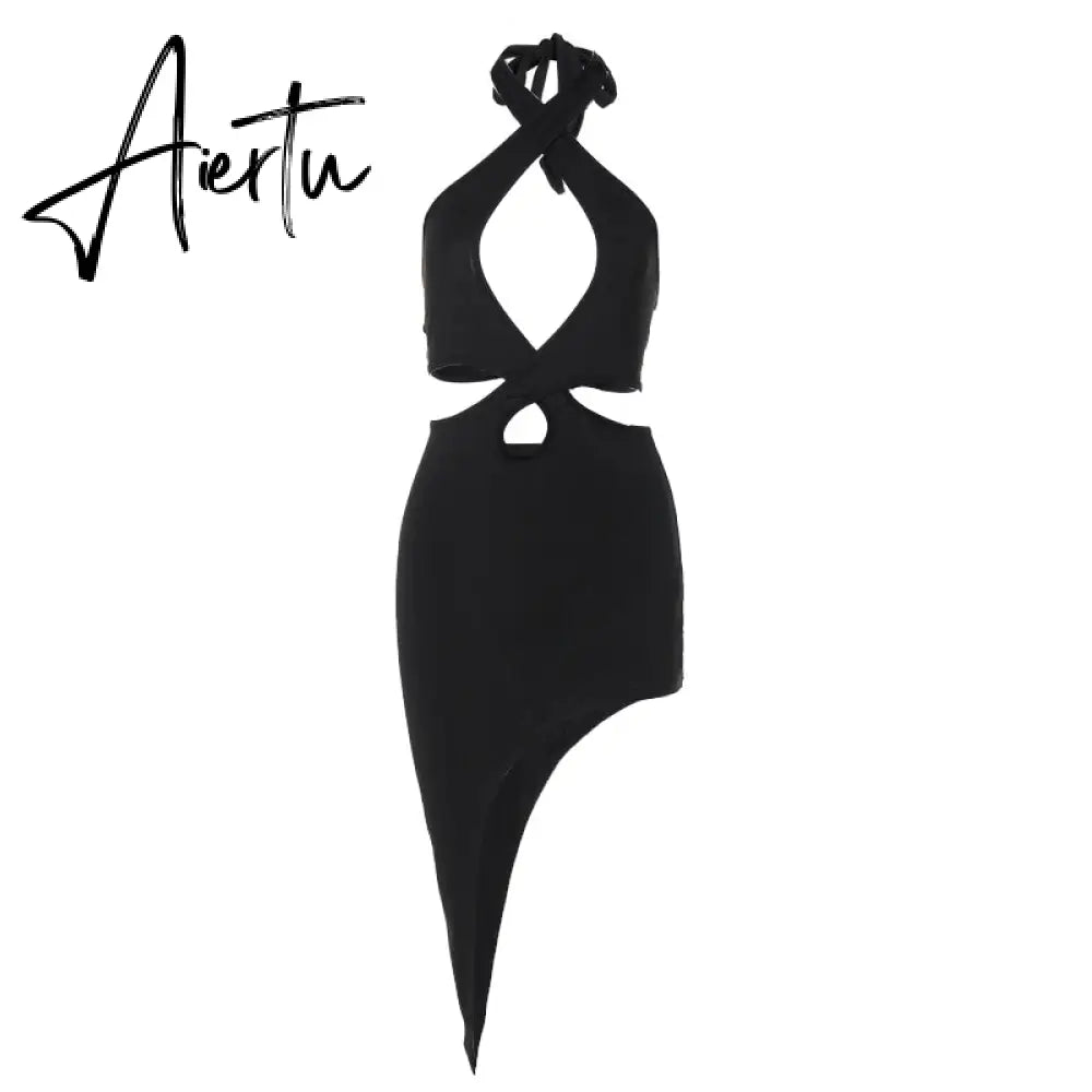 Aiertu Solid Sleeveless Hollow Out Halter Ruched Sexy Asymmetrical Mini Dress Summer Autumn Women Fashion Streetwear Aiertu