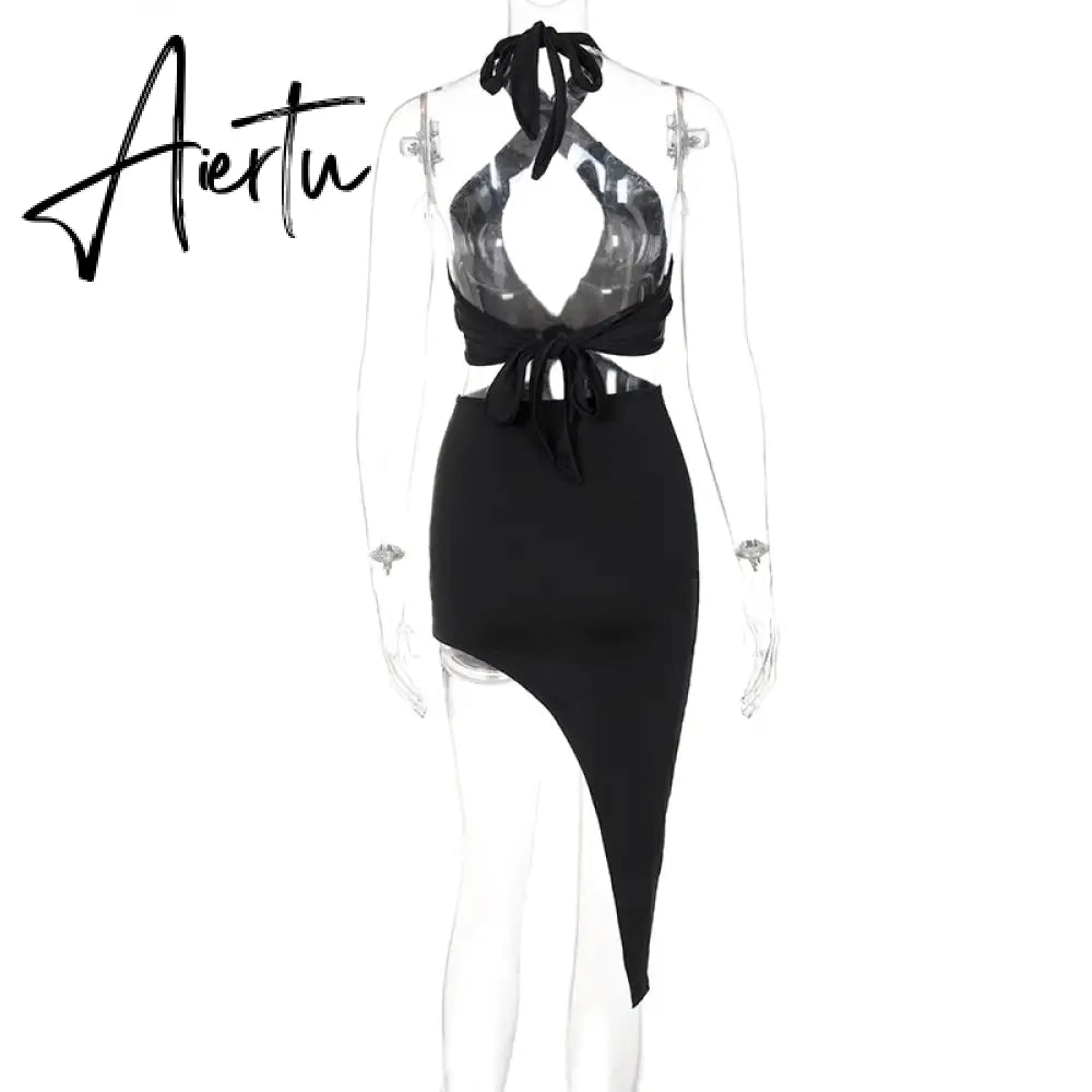 Aiertu Solid Sleeveless Hollow Out Halter Ruched Sexy Asymmetrical Mini Dress Summer Autumn Women Fashion Streetwear Aiertu