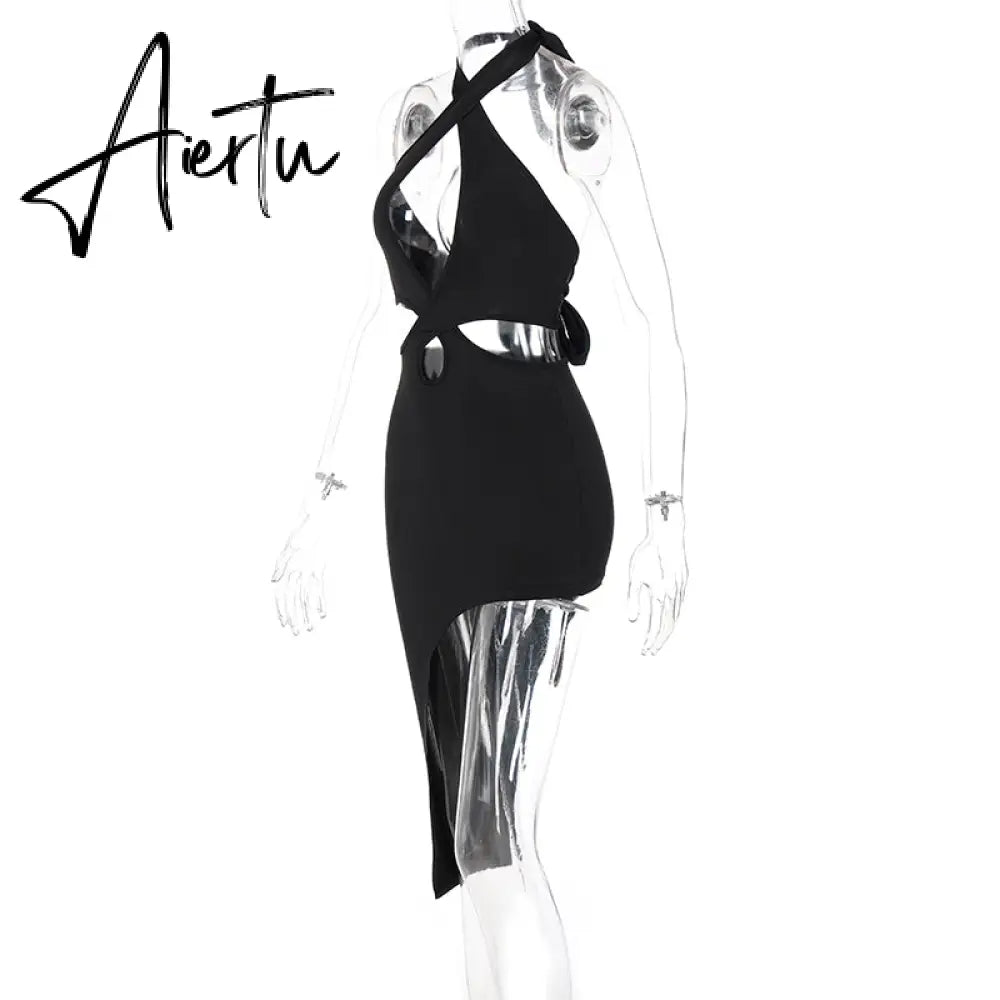 Aiertu Solid Sleeveless Hollow Out Halter Ruched Sexy Asymmetrical Mini Dress Summer Autumn Women Fashion Streetwear Aiertu