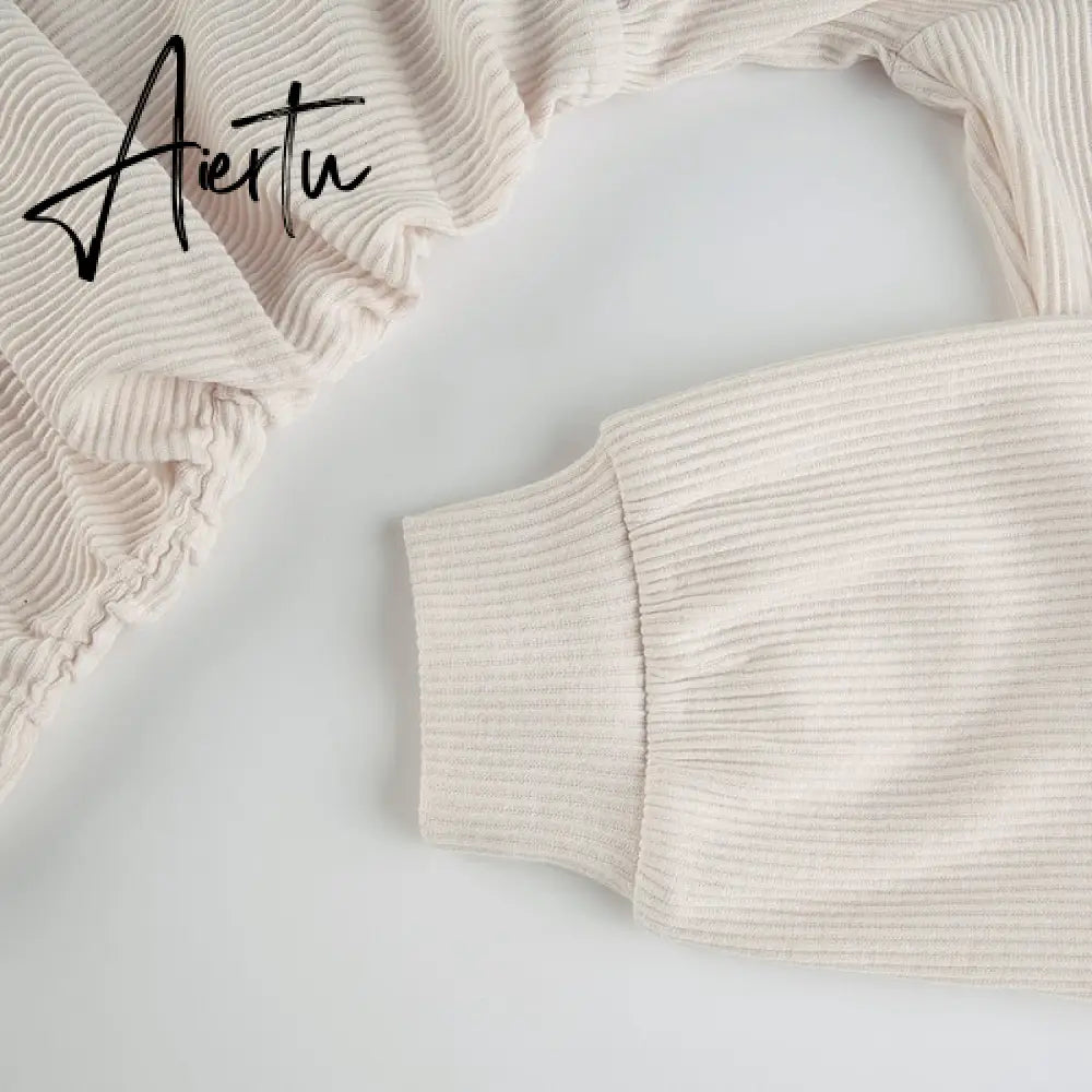 Aiertu  Solid V Neck Ruched Women Mini Dress Autumn Winter Knitting Folds Sexy Party Dresses Ladies Elegant Knitwear Vintage Aiertu
