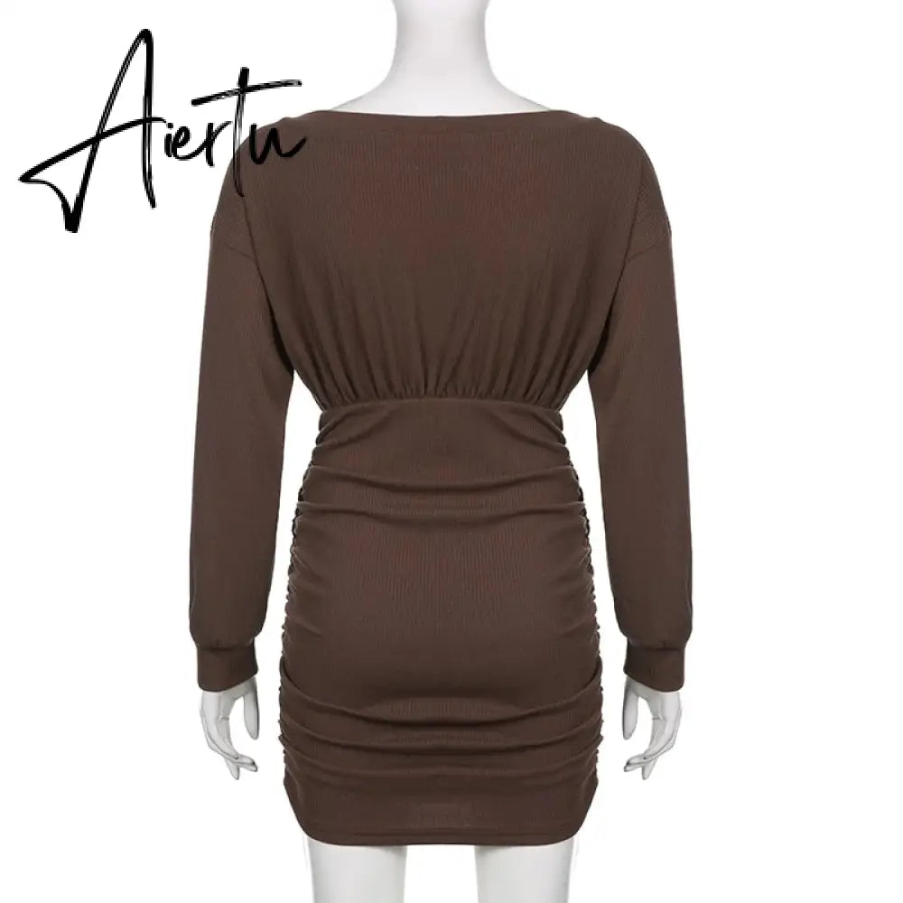 Aiertu  Solid V Neck Ruched Women Mini Dress Autumn Winter Knitting Folds Sexy Party Dresses Ladies Elegant Knitwear Vintage Aiertu