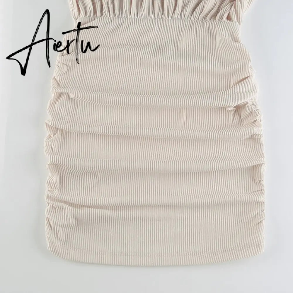 Aiertu  Solid V Neck Ruched Women Mini Dress Autumn Winter Knitting Folds Sexy Party Dresses Ladies Elegant Knitwear Vintage Aiertu