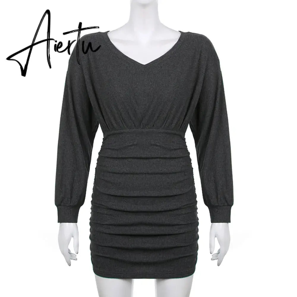 Aiertu  Solid V Neck Ruched Women Mini Dress Autumn Winter Knitting Folds Sexy Party Dresses Ladies Elegant Knitwear Vintage Aiertu