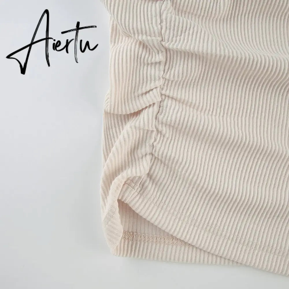 Aiertu  Solid V Neck Ruched Women Mini Dress Autumn Winter Knitting Folds Sexy Party Dresses Ladies Elegant Knitwear Vintage Aiertu