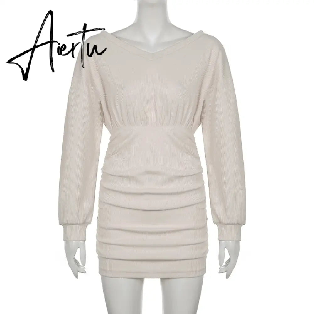Aiertu  Solid V Neck Ruched Women Mini Dress Autumn Winter Knitting Folds Sexy Party Dresses Ladies Elegant Knitwear Vintage Aiertu