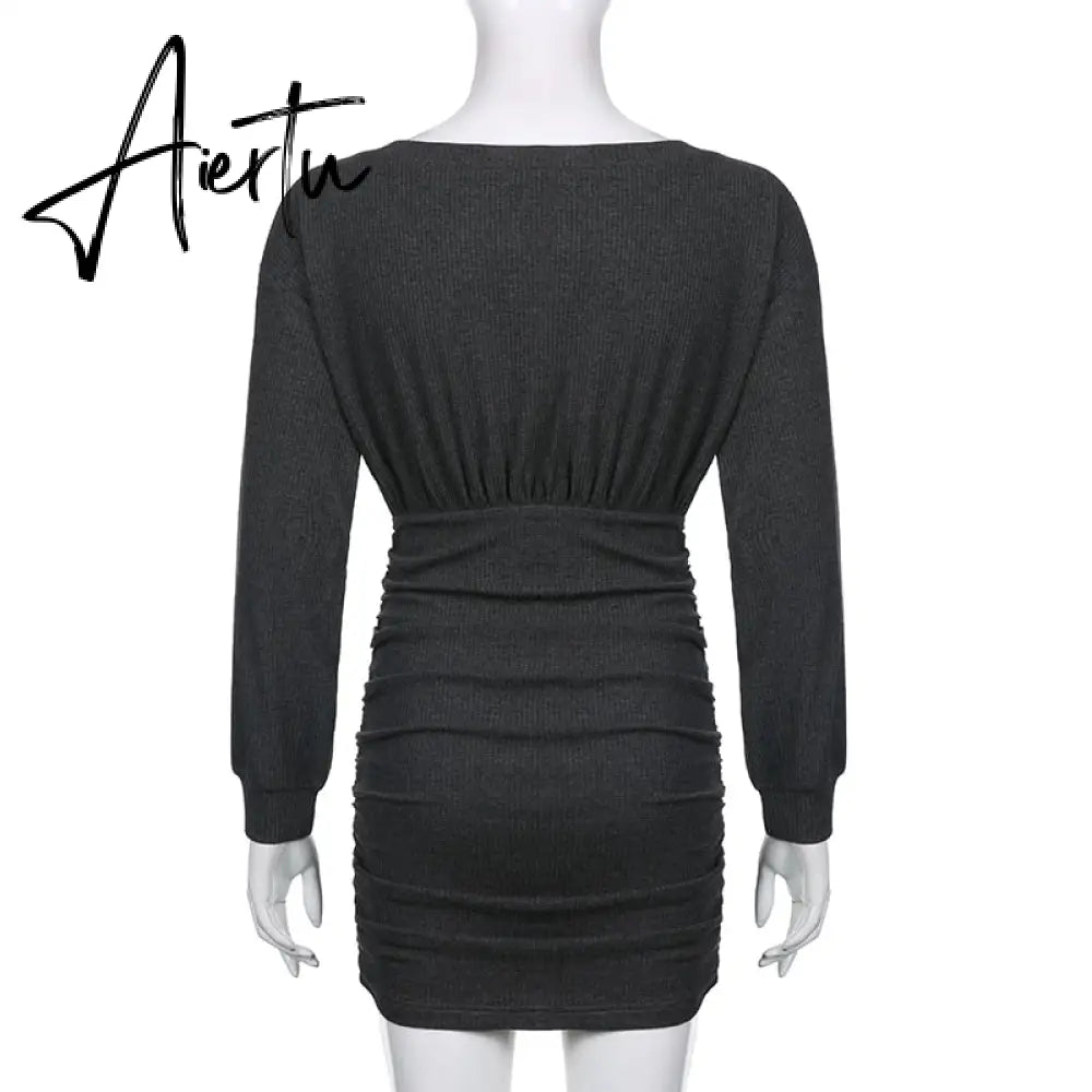 Aiertu  Solid V Neck Ruched Women Mini Dress Autumn Winter Knitting Folds Sexy Party Dresses Ladies Elegant Knitwear Vintage Aiertu