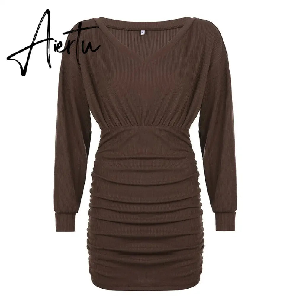 Aiertu  Solid V Neck Ruched Women Mini Dress Autumn Winter Knitting Folds Sexy Party Dresses Ladies Elegant Knitwear Vintage Aiertu