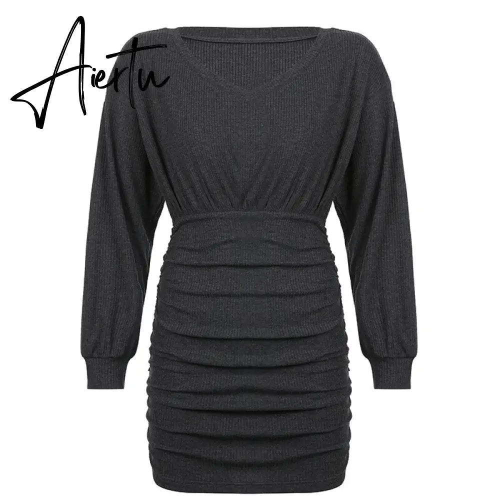 Aiertu  Solid V Neck Ruched Women Mini Dress Autumn Winter Knitting Folds Sexy Party Dresses Ladies Elegant Knitwear Vintage Aiertu