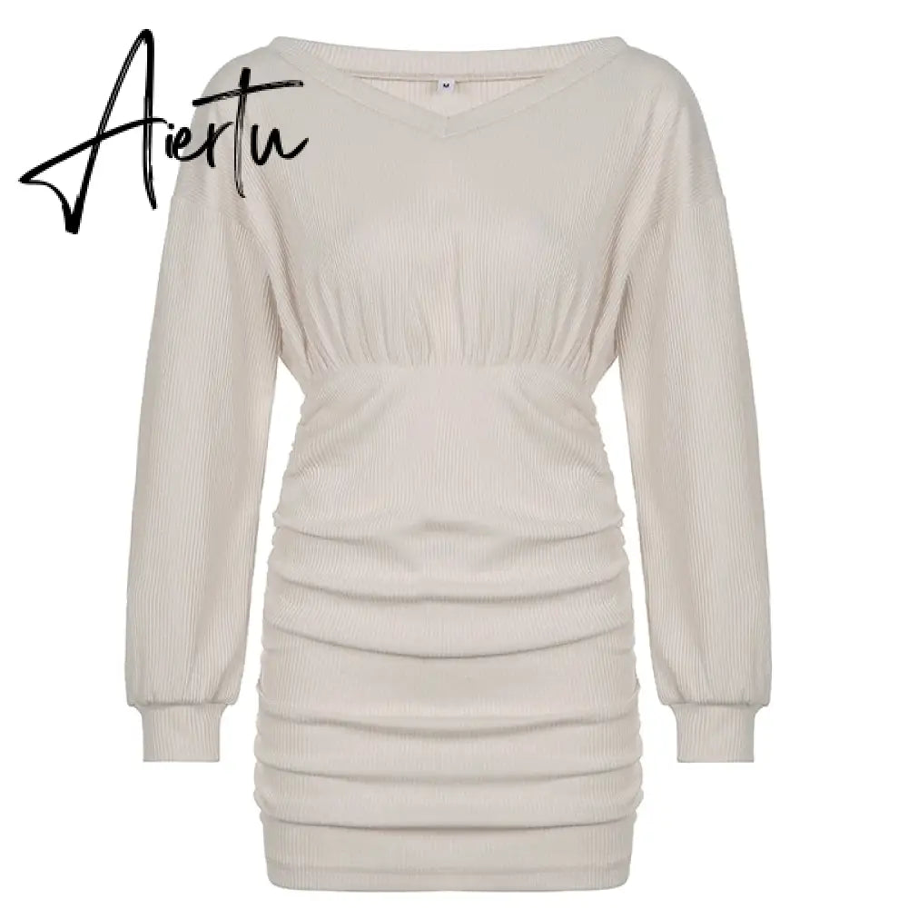 Aiertu  Solid V Neck Ruched Women Mini Dress Autumn Winter Knitting Folds Sexy Party Dresses Ladies Elegant Knitwear Vintage Aiertu