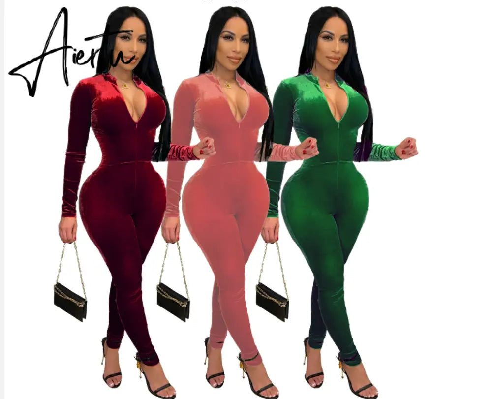 Aiertu  Solid Velvet With Corset Gloves Sexy Bodycon Jumpsuit Summer Fall Slim Party Club Elegant Streetwear Outfit Y2K Aiertu