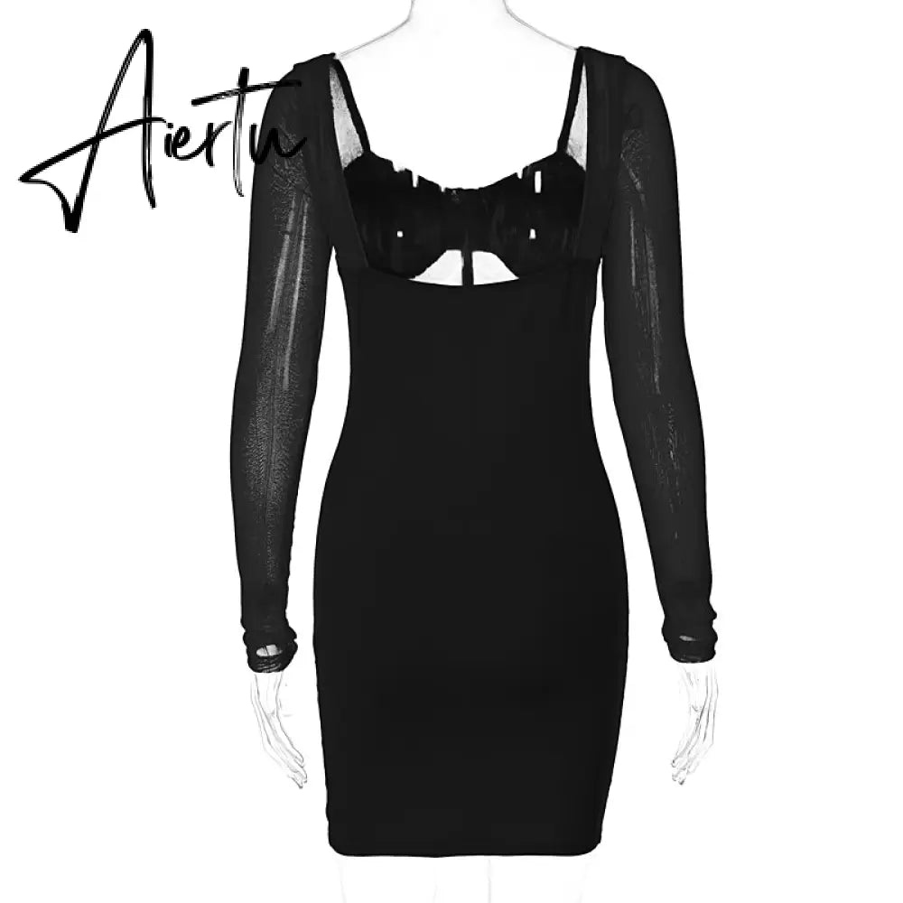 Aiertu  Solid With Integrated Corset Long See Through Sleeves Sexy Mini Dress  Fall Party Club Elegant Streetwear Outfit Aiertu