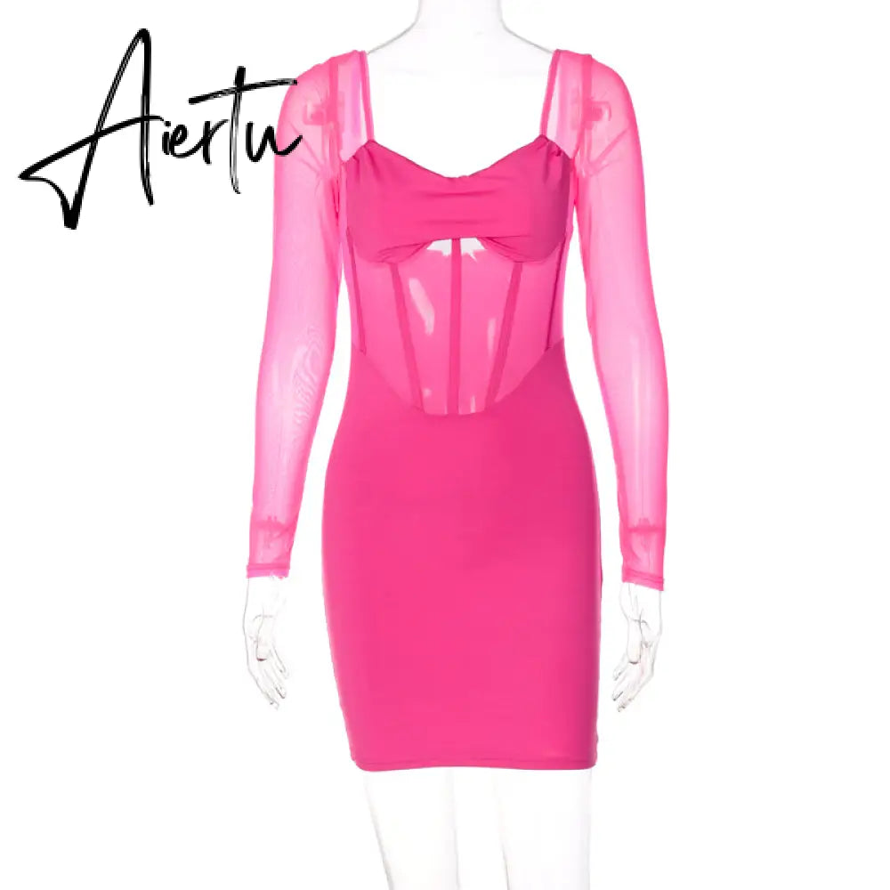 Aiertu  Solid With Integrated Corset Long See Through Sleeves Sexy Mini Dress  Fall Party Club Elegant Streetwear Outfit Aiertu