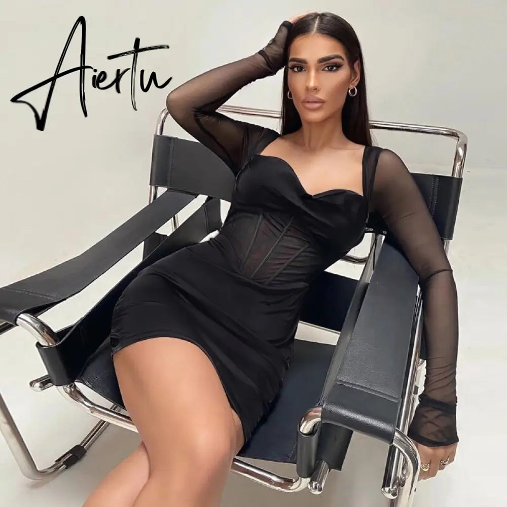 Aiertu  Solid With Integrated Corset Long See Through Sleeves Sexy Mini Dress  Fall Party Club Elegant Streetwear Outfit Aiertu