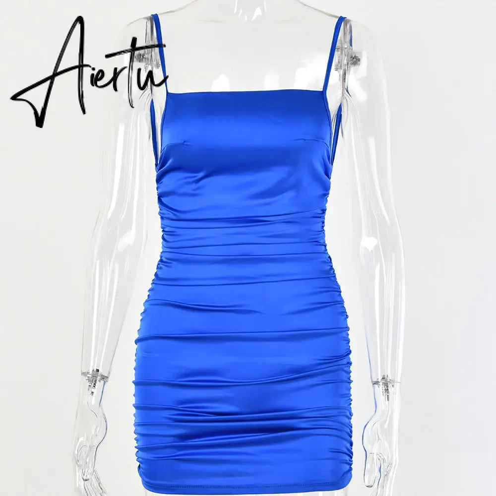 Aiertu Spaghetti Strap Mini Satin Dress Women Sexy Backless Cross Bandage Bodycon Party Dress Pleated Stretch Short Club Dress Aiertu