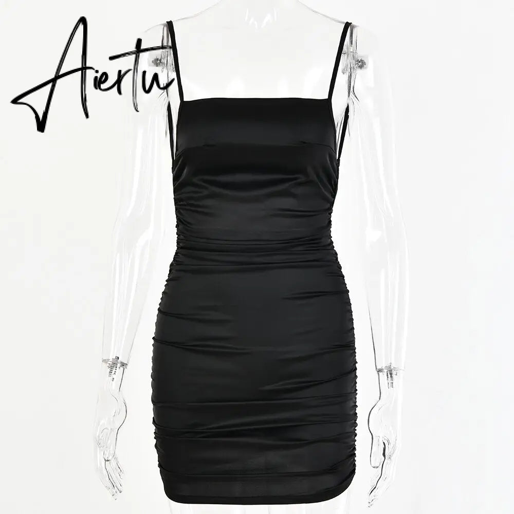 Aiertu Spaghetti Strap Mini Satin Dress Women Sexy Backless Cross Bandage Bodycon Party Dress Pleated Stretch Short Club Dress Aiertu