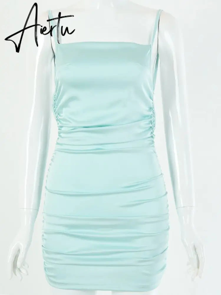 Aiertu Spaghetti Strap Mini Satin Dress Women Sexy Backless Cross Bandage Bodycon Party Dress Pleated Stretch Short Club Dress Aiertu