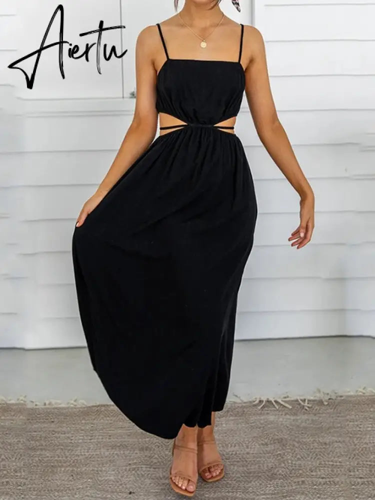 Aiertu Spaghetti Strap Waist Hollow Out Beige Summer Maxi Long Dress Solid Elegant Backless Sundress Casual Women Dress Aiertu
