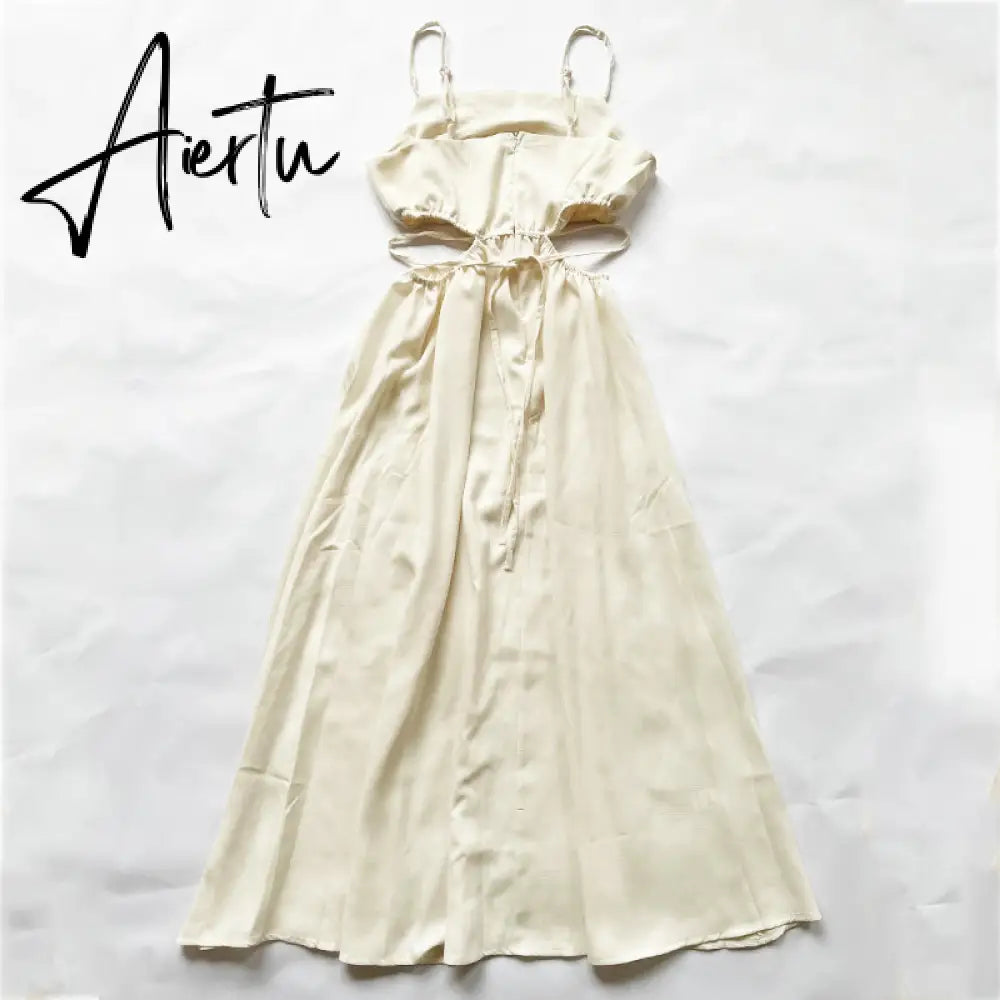 Aiertu Spaghetti Strap Waist Hollow Out Beige Summer Maxi Long Dress Solid Elegant Backless Sundress Casual Women Dress Aiertu
