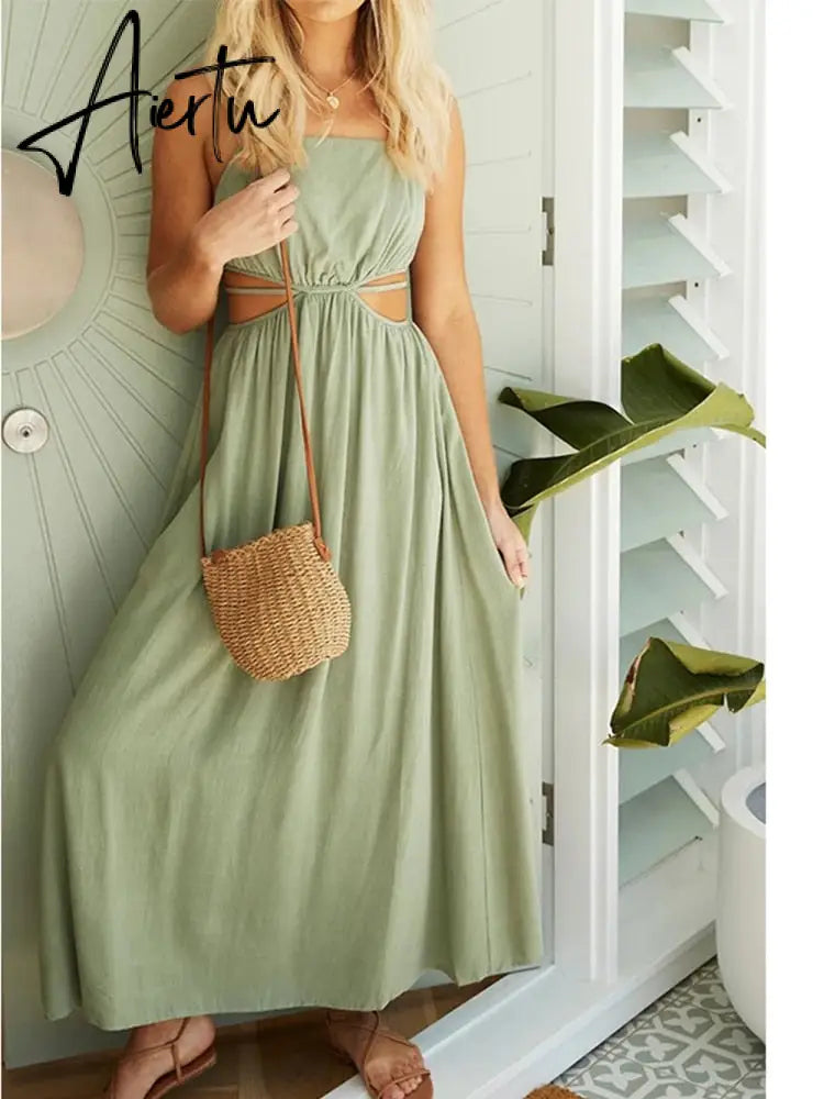 Aiertu Spaghetti Strap Waist Hollow Out Beige Summer Maxi Long Dress Solid Elegant Backless Sundress Casual Women Dress Aiertu