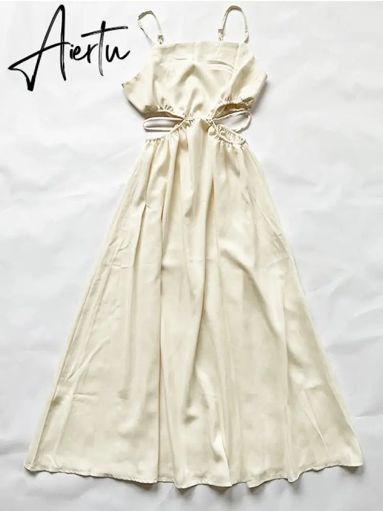 Aiertu Spaghetti Strap Waist Hollow Out Beige Summer Maxi Long Dress Solid Elegant Backless Sundress Casual Women Dress Aiertu