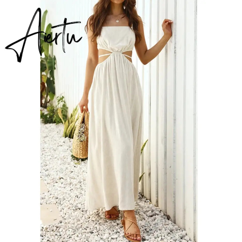Aiertu Spaghetti Strap Waist Hollow Out Beige Summer Maxi Long Dress Solid Elegant Backless Sundress Casual Women Dress Aiertu