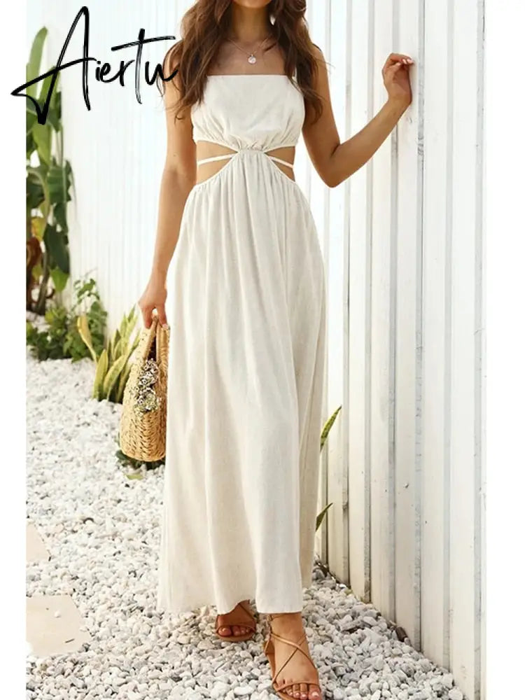 Aiertu Spaghetti Strap Waist Hollow Out Beige Summer Maxi Long Dress Solid Elegant Backless Sundress Casual Women Dress Aiertu