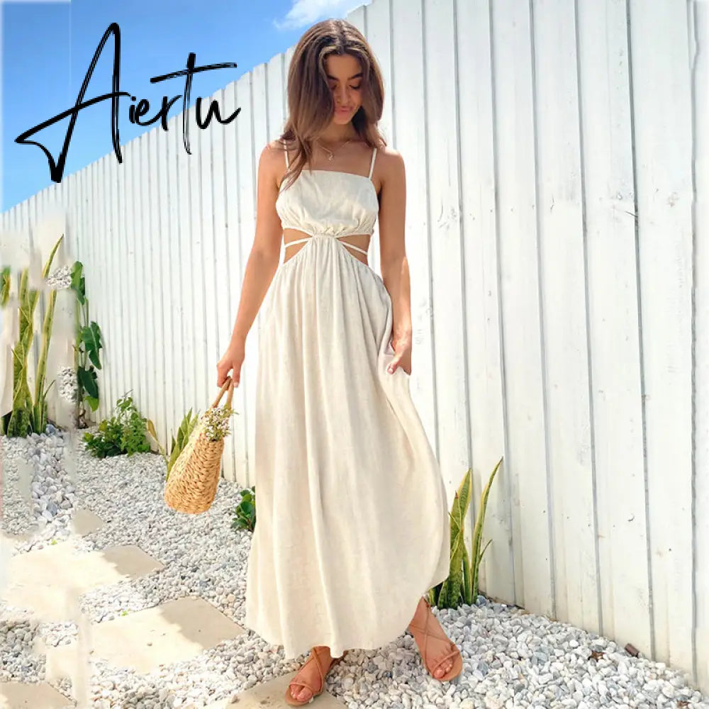 Aiertu Spaghetti Strap Waist Hollow Out Beige Summer Maxi Long Dress Solid Elegant Backless Sundress Casual Women Dress Aiertu