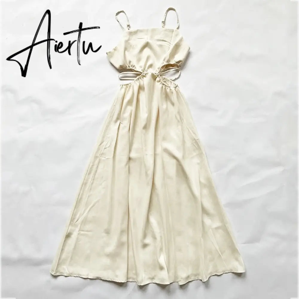 Aiertu Spaghetti Strap Waist Hollow Out Beige Summer Maxi Long Dress Solid Elegant Backless Sundress Casual Women Dress Aiertu