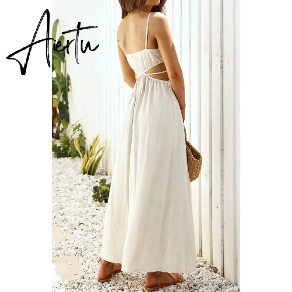 Aiertu Spaghetti Strap Waist Hollow Out Beige Summer Maxi Long Dress Solid Elegant Backless Sundress Casual Women Dress Aiertu