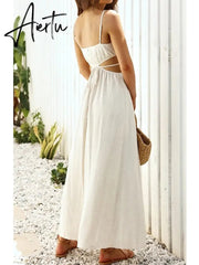 Aiertu Spaghetti Strap Waist Hollow Out Beige Summer Maxi Long Dress Solid Elegant Backless Sundress Casual Women Dress Aiertu