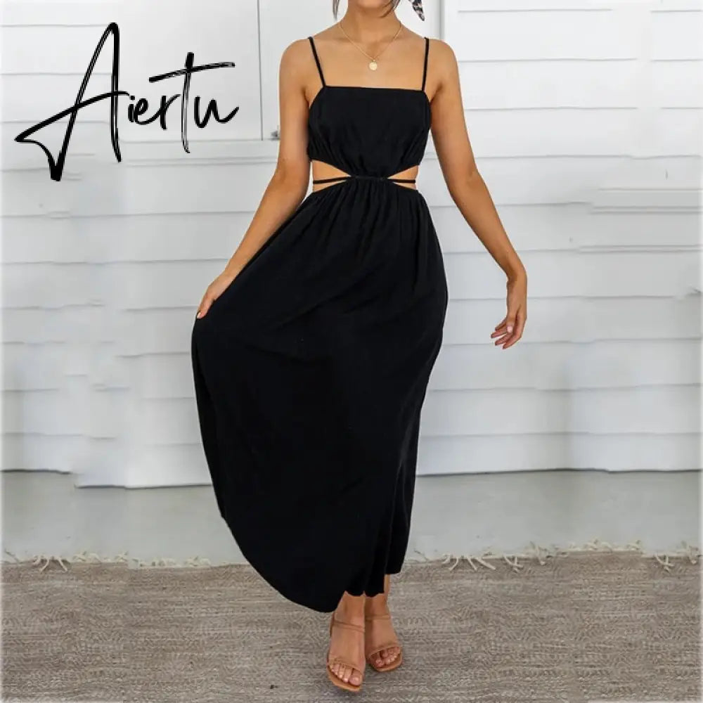 Aiertu Spaghetti Strap Waist Hollow Out Beige Summer Maxi Long Dress Solid Elegant Backless Sundress Casual Women Dress Aiertu