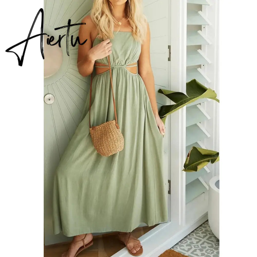 Aiertu Spaghetti Strap Waist Hollow Out Beige Summer Maxi Long Dress Solid Elegant Backless Sundress Casual Women Dress Aiertu