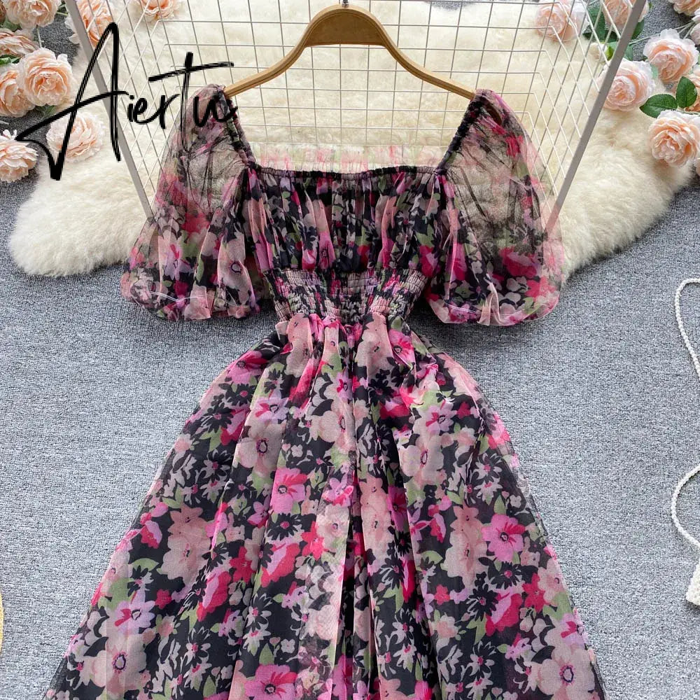 Aiertu  Splice Mesh Floral Print Dress Women Summer Slim Elastic Waist Square Neck Gentle Ladies A Line Sweet Dresses Aiertu