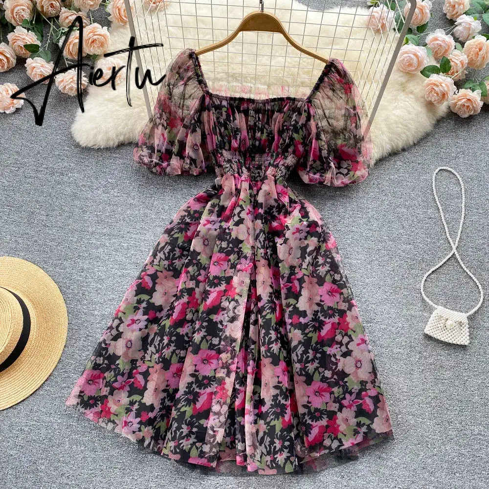 Aiertu  Splice Mesh Floral Print Dress Women Summer Slim Elastic Waist Square Neck Gentle Ladies A Line Sweet Dresses Aiertu