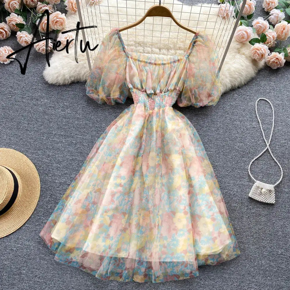 Aiertu  Splice Mesh Floral Print Dress Women Summer Slim Elastic Waist Square Neck Gentle Ladies A Line Sweet Dresses Aiertu