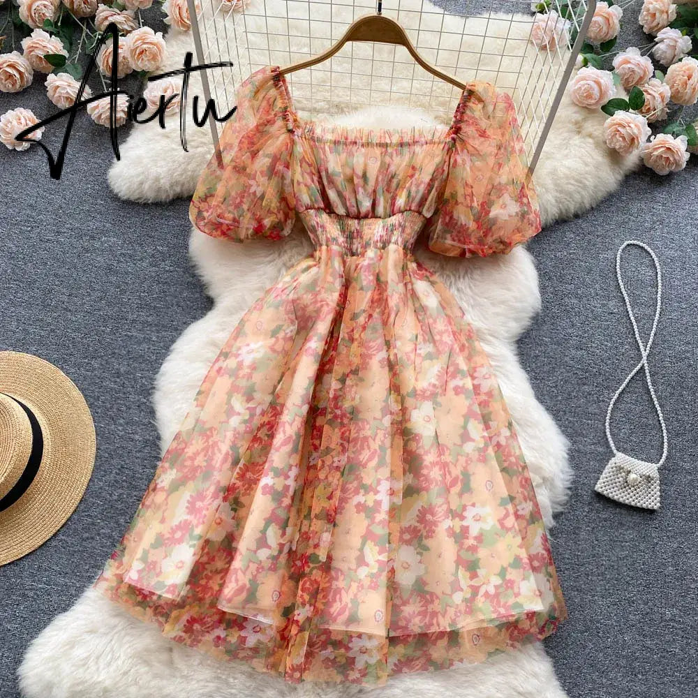 Aiertu  Splice Mesh Floral Print Dress Women Summer Slim Elastic Waist Square Neck Gentle Ladies A Line Sweet Dresses Aiertu