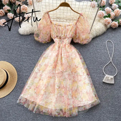 Aiertu  Splice Mesh Floral Print Dress Women Summer Slim Elastic Waist Square Neck Gentle Ladies A Line Sweet Dresses Aiertu