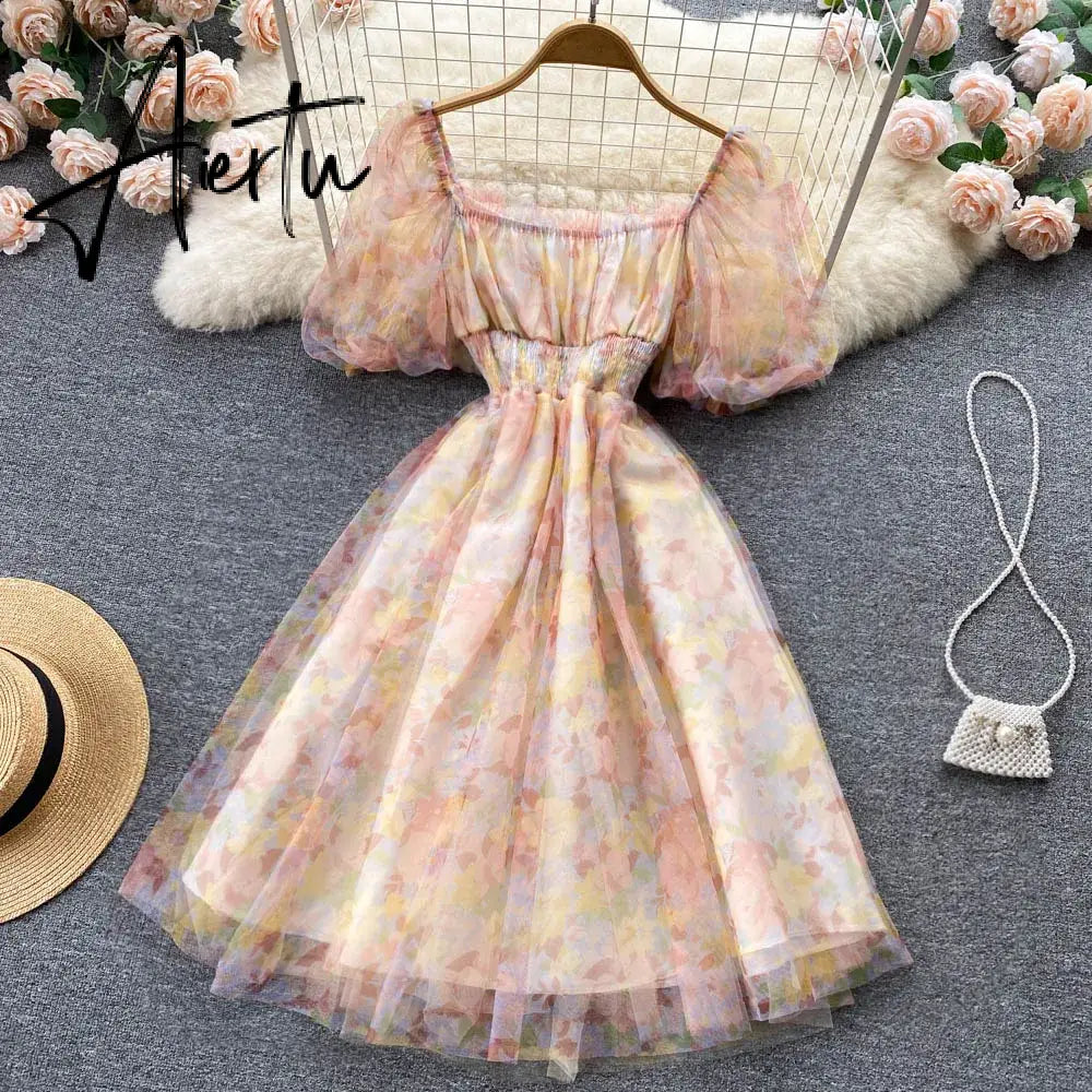 Aiertu  Splice Mesh Floral Print Dress Women Summer Slim Elastic Waist Square Neck Gentle Ladies A Line Sweet Dresses Aiertu