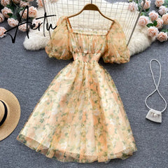 Aiertu  Splice Mesh Floral Print Dress Women Summer Slim Elastic Waist Square Neck Gentle Ladies A Line Sweet Dresses Aiertu