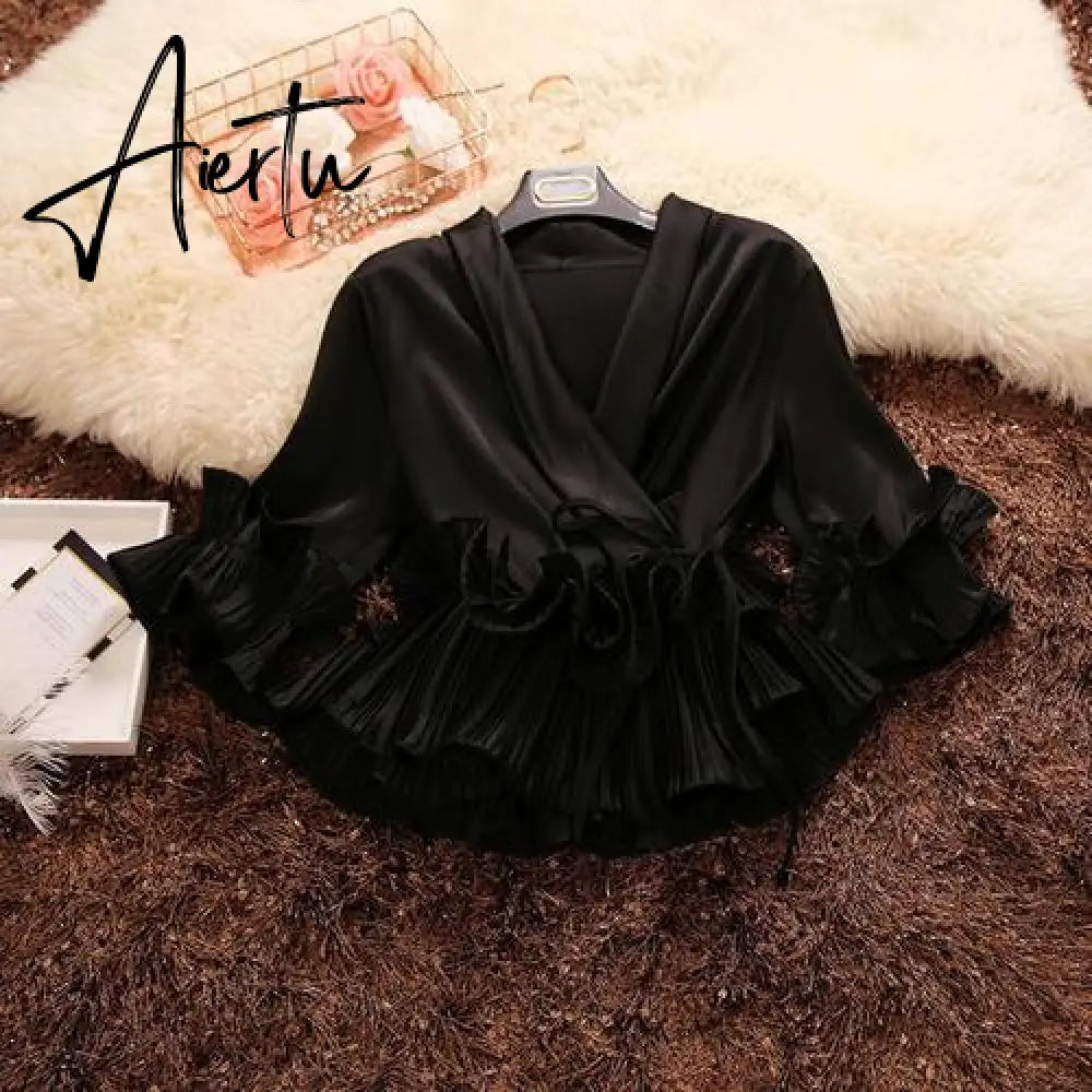 Aiertu Spring and Summer New Female Deep V-neck Ruffles Lace Up Stain Shirt Women's Three Quarter Sleeve Shirts Women Blouses Aiertu